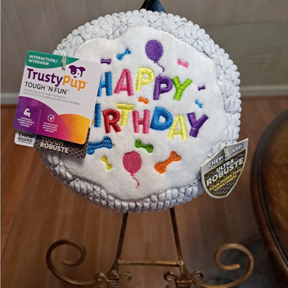 Brand New Trusty Pup Happy Birthday Cake 7.5” Dog Toy With Squeaker.
